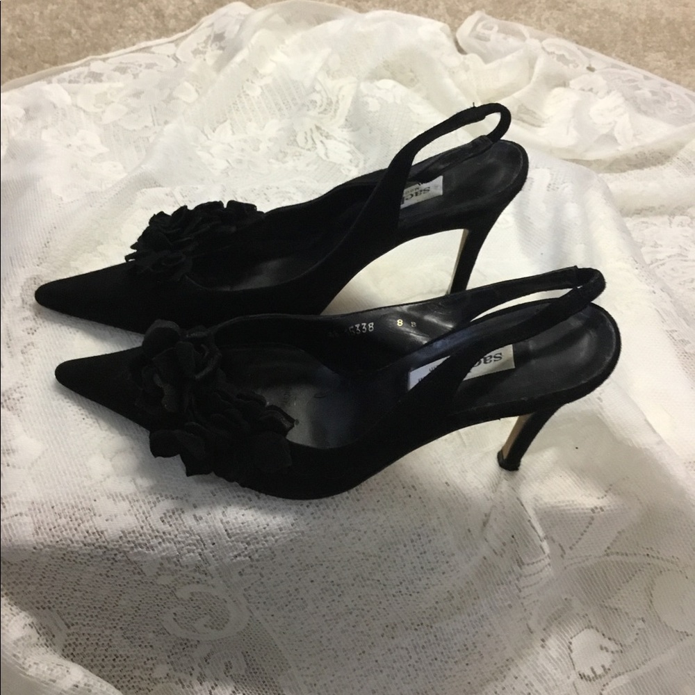 Sachs London Black Sued Pointed Slingbacks, Embellished Flower.